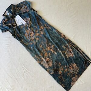 BITABLUE Teal Floral Cheongsam Qipao Dress Mandarin Collar Side Slit Size 2 XS